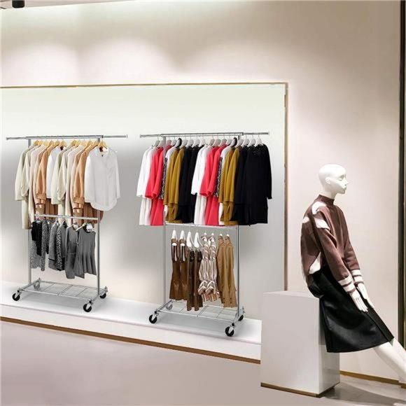 Standard Clothing Garment Rack with Wheels & Bottom Shelves, Extendable, Chrome - Picture 3 of 6